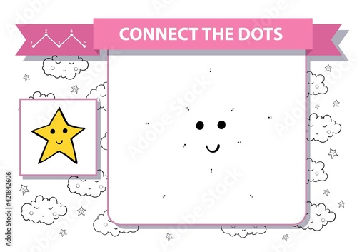 Cute cartoon star. Dot to dot educational game for kids. Printable worksheet. A4 landscape page. Good night