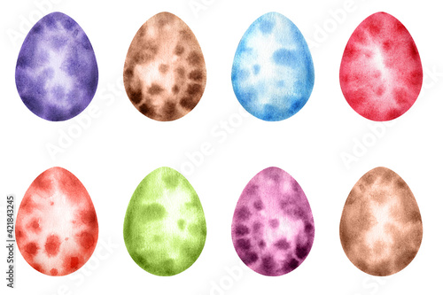 Multicolored Easter eggs for the Easter celebration. Watercolor illustration of bird eggs. Set of elements on white background
