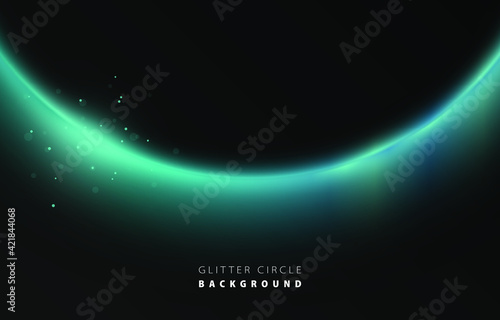 Glitter blue neon circle ring frame & sparkle flash light star shimmer vector on black background, shiny glowing tiffany blue metal round line planet curve, futuristic web, poster, card print template