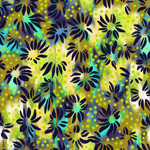 Nature background. Leaf seamless pattern. Stylized large flower heads of daisy wildflowers ornament. Trendy flat design  silhouettes. Simple abstract shapes texture. Textile and fabric design.