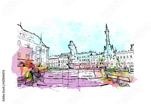 Building view with landmark of Olomouc is the 
city in the Czech Republic. Watercolour splash with hand drawn sketch illustration in vector.