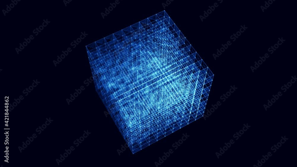 Digital cubes connected blue. 3d cubes network dark background. Technology futuristic animation seamless loop 4k.