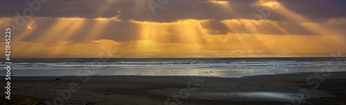 Panorama shot of the beach at sunset at Seaside Oregon