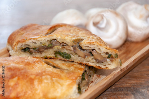Vegatarian pies with champignons on a background of mushrooms, delicious tasty buns, freshly baked, close-up view.