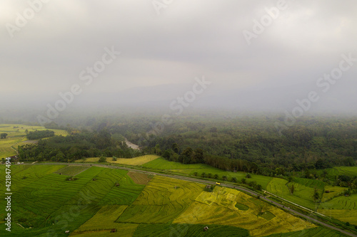 Aerial view of a village in the rainy season and fog on mountains and forests in Indonesia