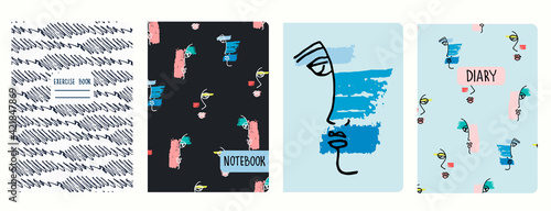 Cover page vector templates with hand drawn surreal female faces, brushstrokes. Headers isolated and replaceable