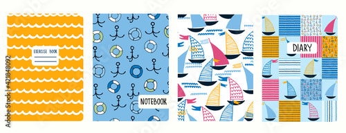 Cover page vector templates with sailing boats, waves, anchors, lifesavers. Headers isolated and replaceable