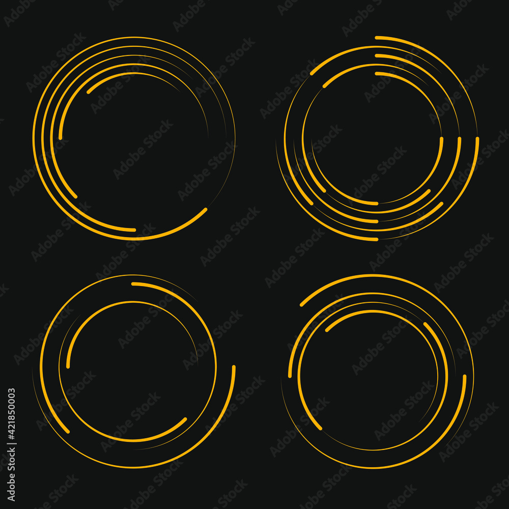 Set of yellow tiny squares in abstract circle form. Gray background. Trendy design element for border frame, technology round logo, web, prints, posters, template, pattern and abstract background Set of yellow tiny squares in abstract circle form. Gray background. Trendy design element for border frame, technology round logo, web, prints, posters, template, pattern and abstract background