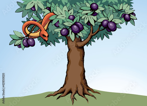 Serpent on the tree. Knowledge of good and evil. Vector drawing