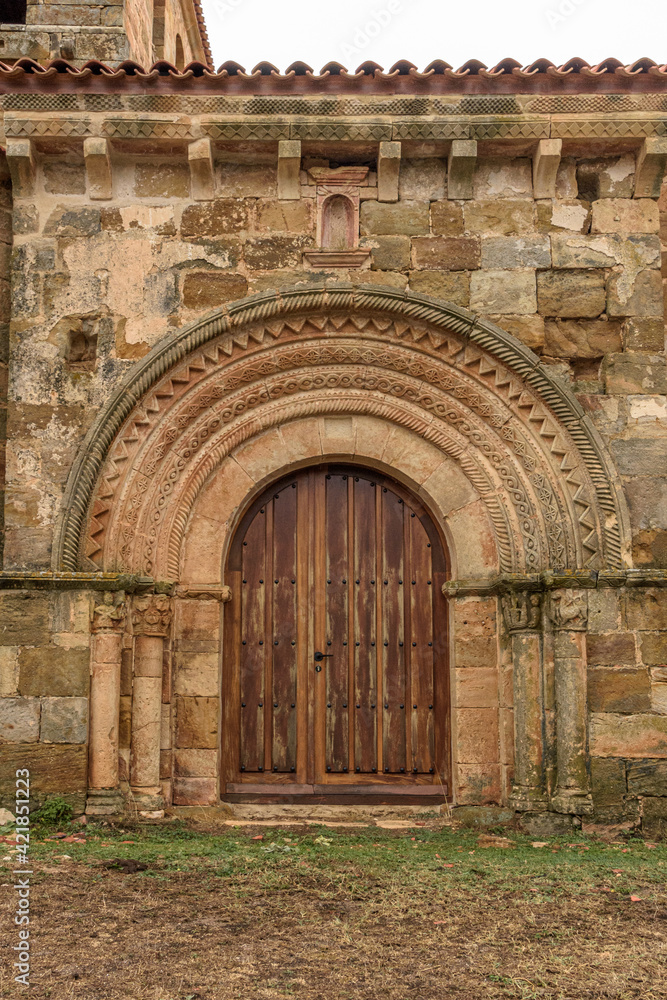 Detail of the church of San Clemente, Huidobro. Romanesque temple of the XII century. Burgos, Castilla y Leon, Spain
