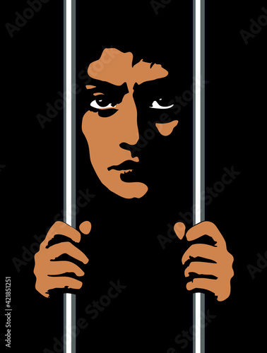 A man in prison behind bars. Vector drawing