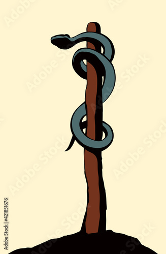 The serpent on the pole. Vector drawing