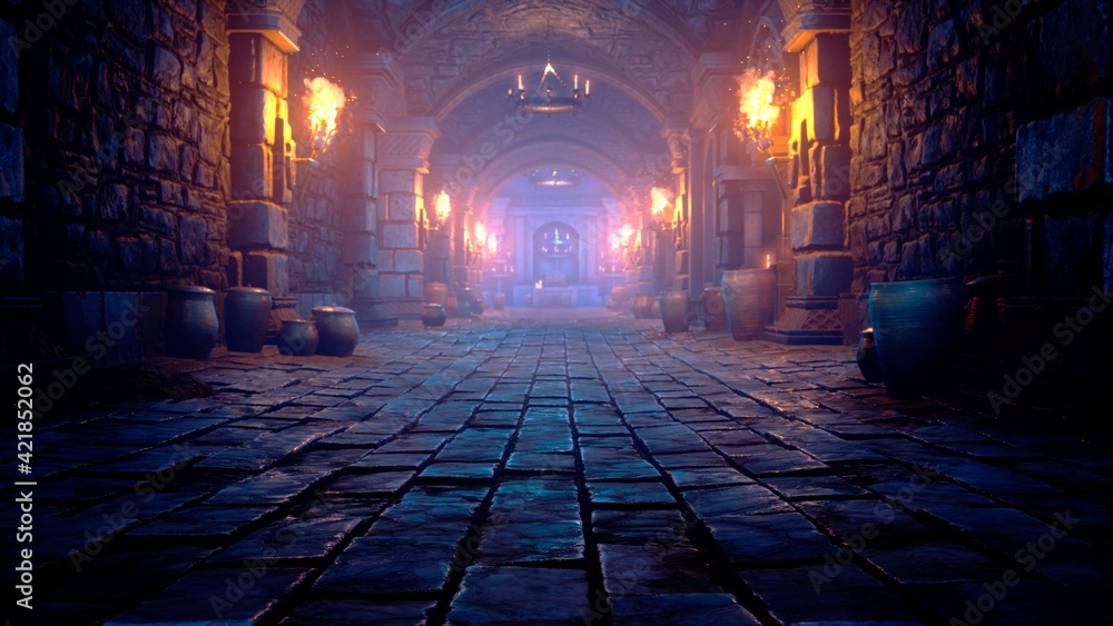 Naklejka premium Scary endless medieval catacombs with torches. Mystical nightmare concept. 3D Rendering.