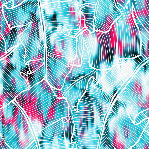 Transparent tropical exotic palm leaves on bleeding watery blurred floral background. Outline graphic drawing. Fabric and textile fashion design. Modern style.