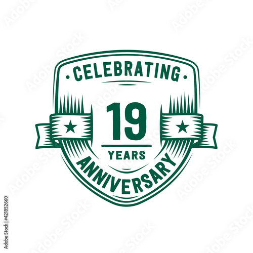 19 years anniversary celebration shield design template. 19th anniversary logo. Vector and illustration.