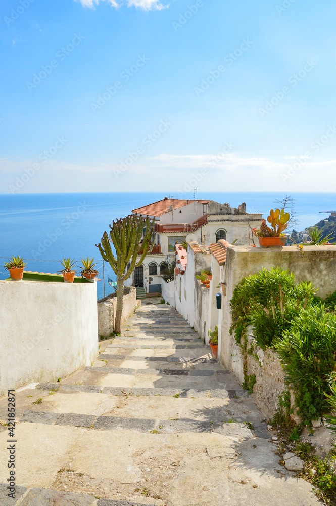 A narrow street in Raito, a village on the Amalfi coast, Italy.