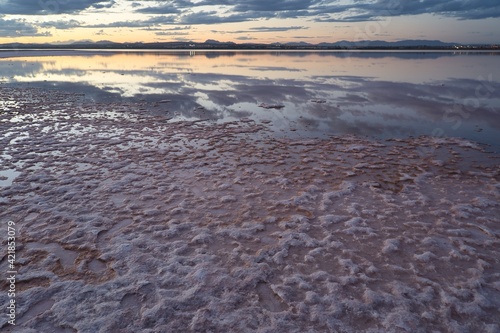 Idyllic sunset in the salt flats of Torrevieja  Alicante  Spain.