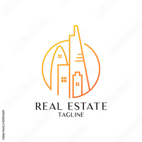 Modern corporate Real Estate logo design vector template. Real estate agency logo Vector, Commercial office property business center Financial Logotype, Abstract city building Symbol icon