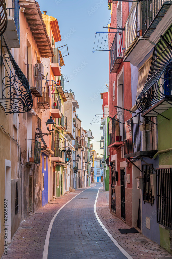 Fototapeta premium Narrow street in the historic center of the town of Villajoyosa.