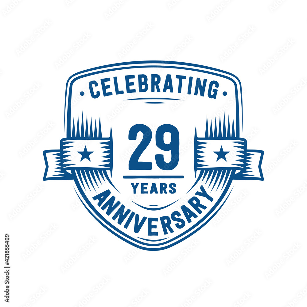 29 years anniversary celebration shield design template. 29th anniversary logo. Vector and illustration. 29 years anniversary celebration shield design template. 29th anniversary logo. Vector and illustration.