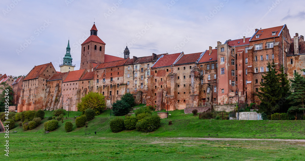 Sightseeing of Poland. Cityscape of Grudziadz. Beautiful architecture of Grudziadz with granaries at Wisla river
