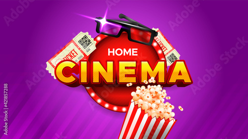 Home movie background with popcorn and 3d glasses