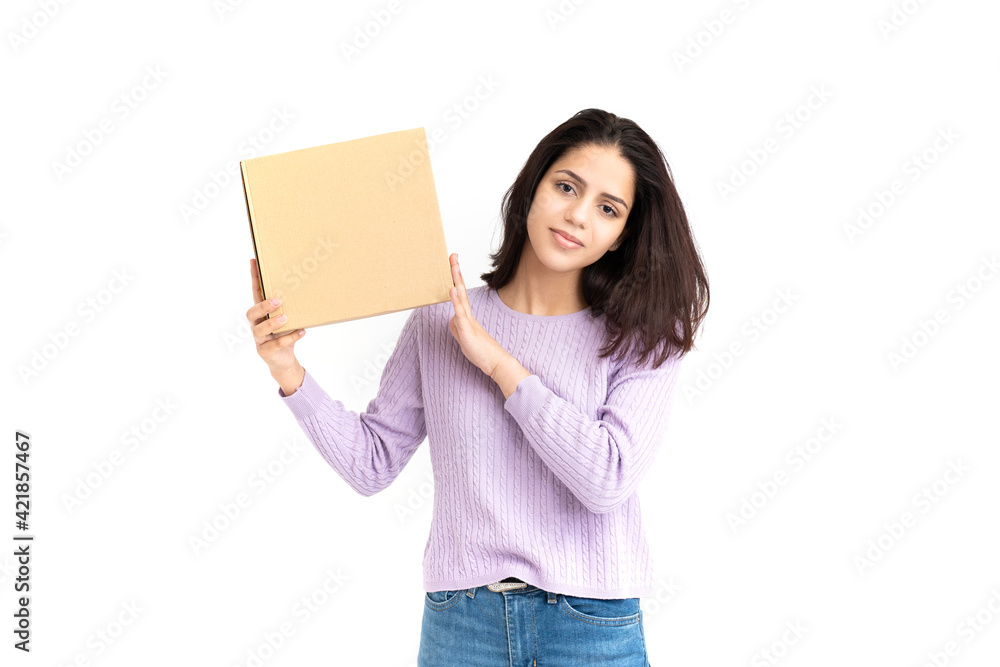 Latin woman with a cardboard box in hands on white background Latin woman with a cardboard box in hands on white background