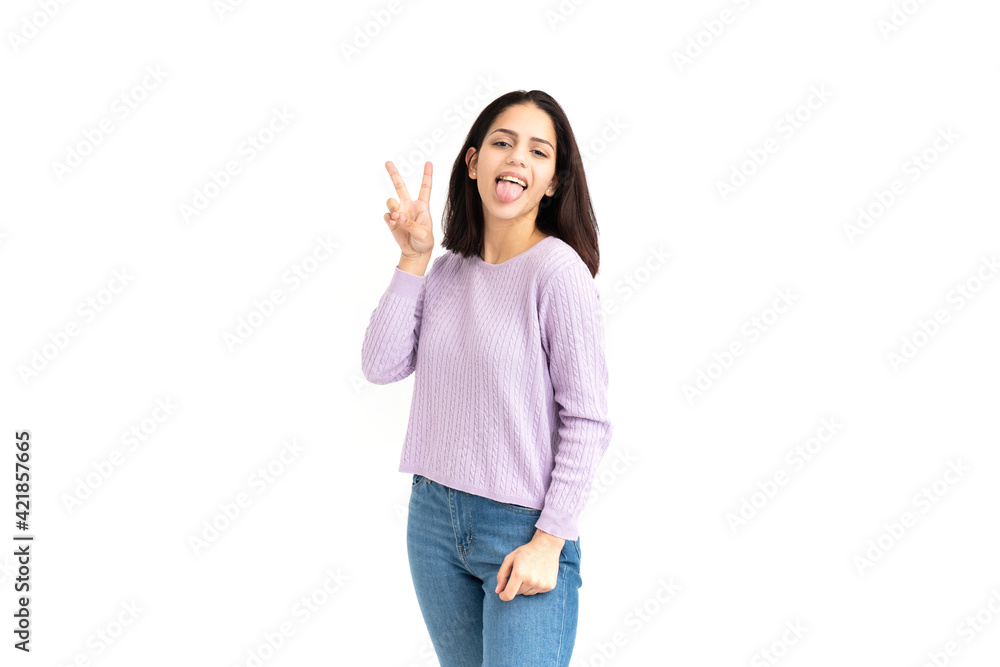 Latin woman making heart shape with her hands on white background Latin woman making heart shape with her hands on white background