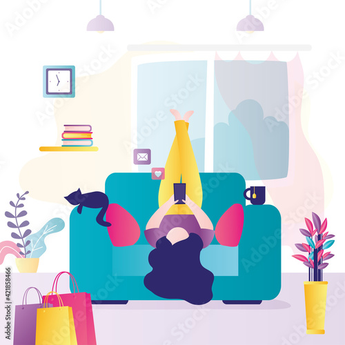 Young woman lies on an armchair upside down. Female character is use mobile phone. Interior of room with furniture. Pastime after shopping, rest leisure.