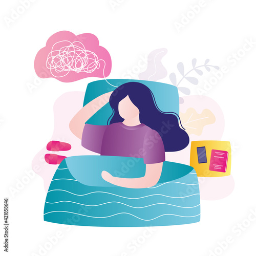 Insomnia, mental problems concept. Young woman lies in bed and cannot sleep. Psychological problems, overstrain. Stress after work.