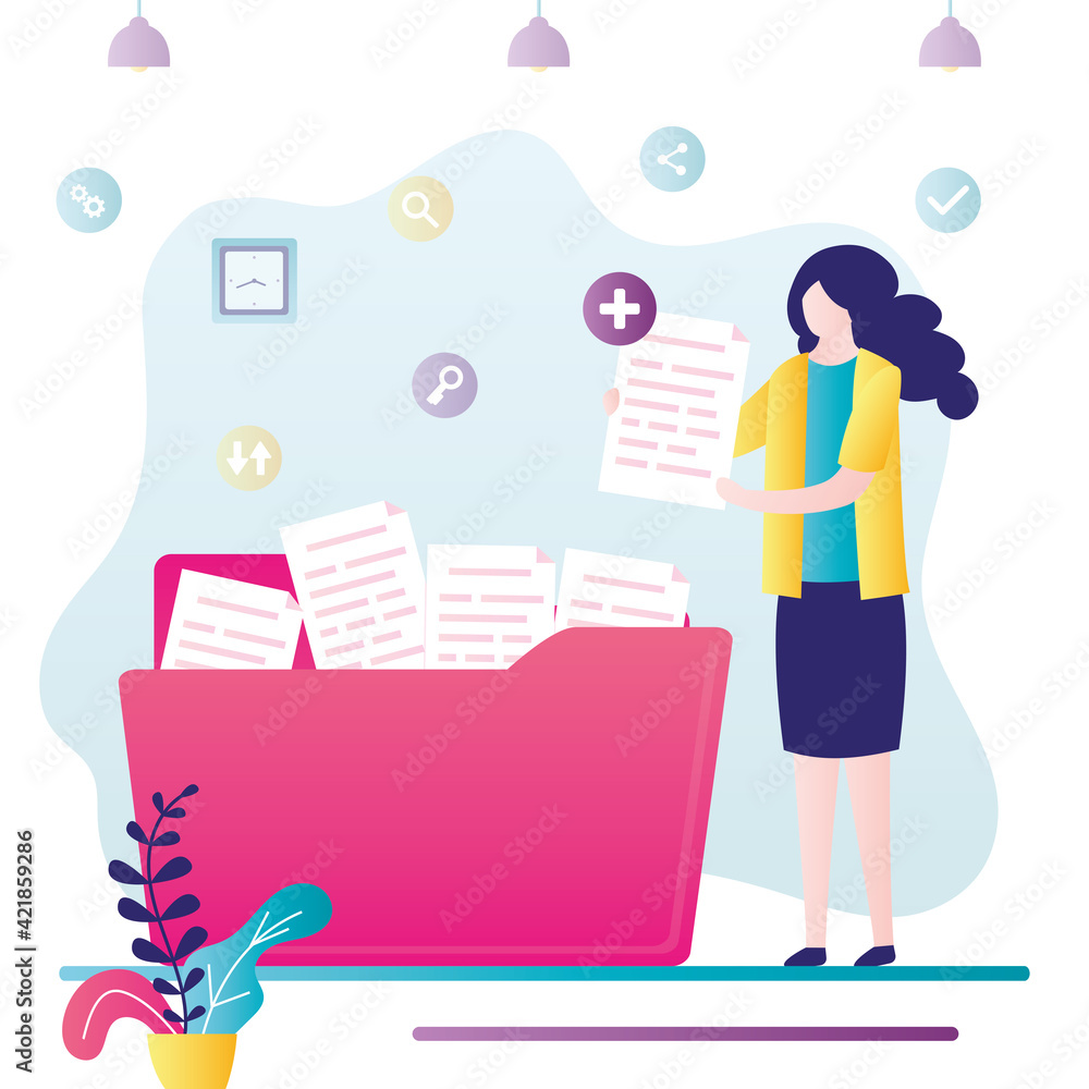 Businesswoman adds file to big folder. Female employee holds paper document