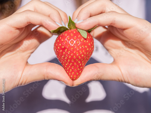 Fraise dans deq mains en coeur photo