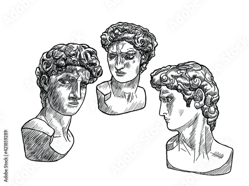 Hand drawn vector sketch of a plaster bust of ancient Roman Apollo. A sketch for an academic drawing. Drawing and graphics training