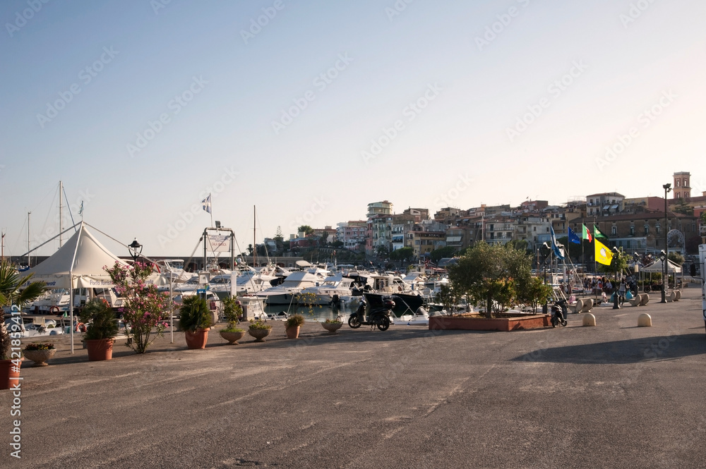 Obraz premium View of the village of Marina di Camerota seen from the port. Landscape.