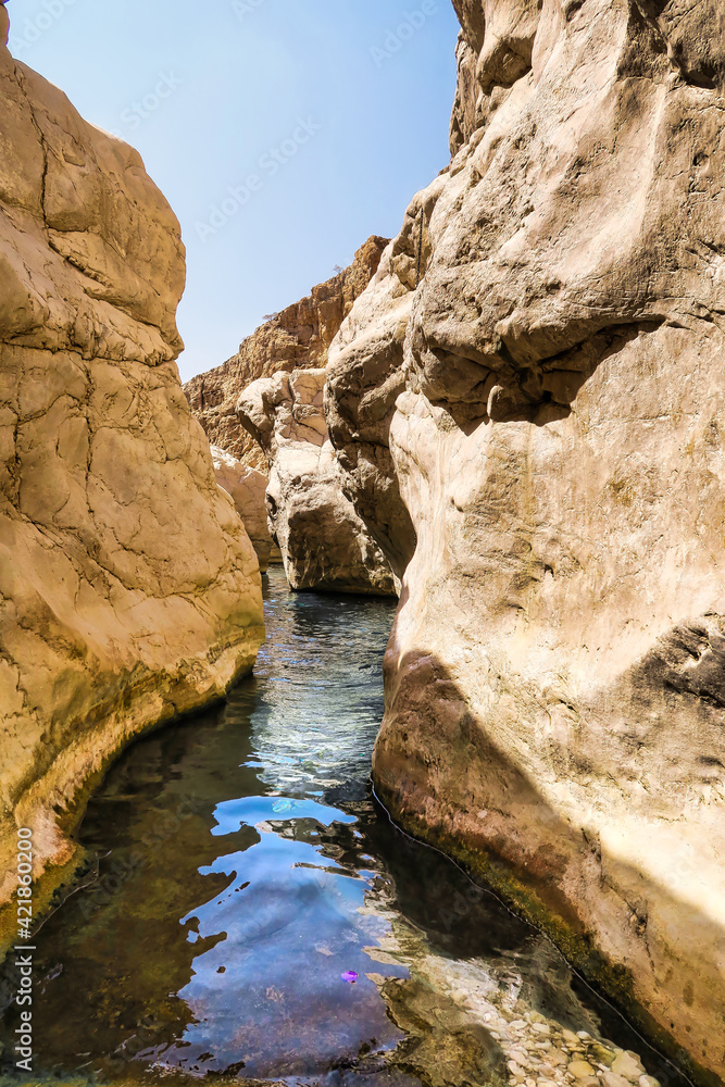 River in between the sandstone rocks of a canyon in Oman River in between the sandstone rocks of a canyon in Oman