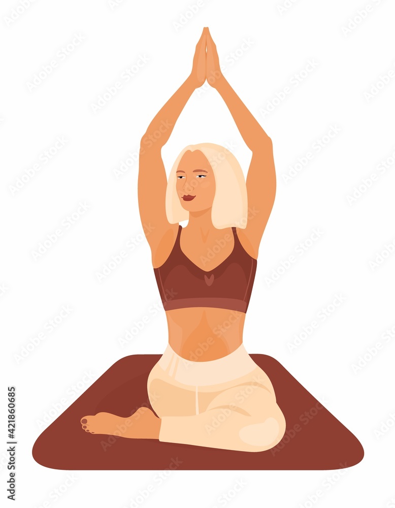 Pilates exercises. Relaxing and harmony lifestyle. Young and happy woman  meditates and practicing yoga. Trendy hand drawn cartoon vector flat  illustration. Stock Vector | Adobe Stock