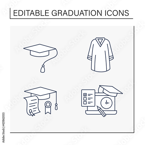 Graduation line icons set. Special uniform, cap, dress diploma, exam. Studying concept. Isolated vector illustrations.Editable stroke