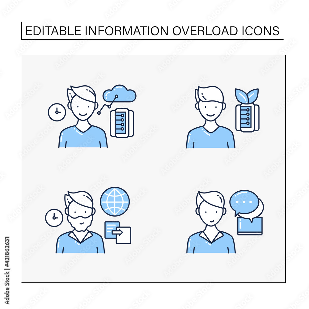 Information overload line icons set. Consists of instant messaging, data duplication, information ecology, info age.Isolated vector illustrations. Editable stroke Information overload line icons set. Consists of instant messaging, data duplication, information ecology, info age.Isolated vector illustrations. Editable stroke