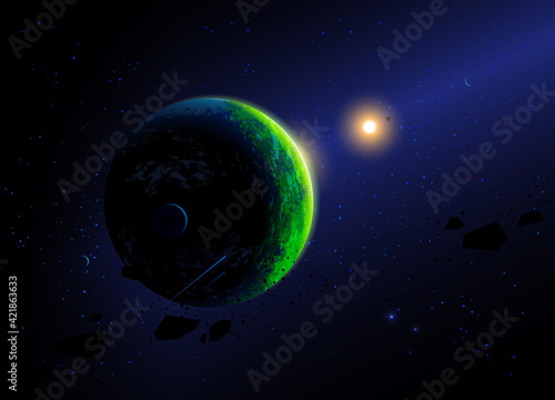 Green planet and its sun against the stars