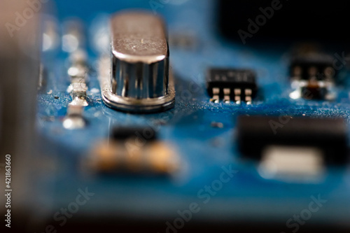 Electronic board for spare parts, macro detail of electronic components for technological equipment