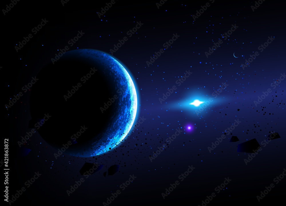 Fototapeta premium Ice planet and its blue sun against the stars