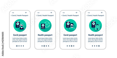 Health passport onboarding mobile app screens.Information about health status. Covid passport collections.Vaccination card steps menu. Set of UI, UX, web template with RGB color linear icons