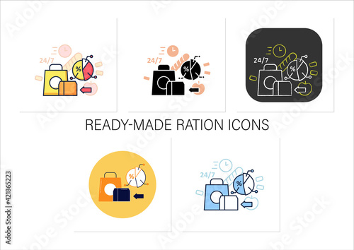 Ready-made ration icons set.Delivery service. Fast, express food delivery and other goods.Quickly move on. Collection of icons in linear, chalk, flat, color, glyph styles.Isolated vector illustrations