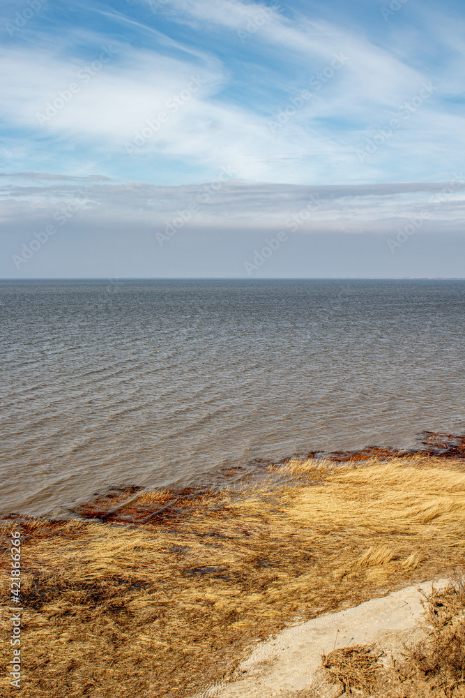 Seascape - water, sandy shore and dry grass.