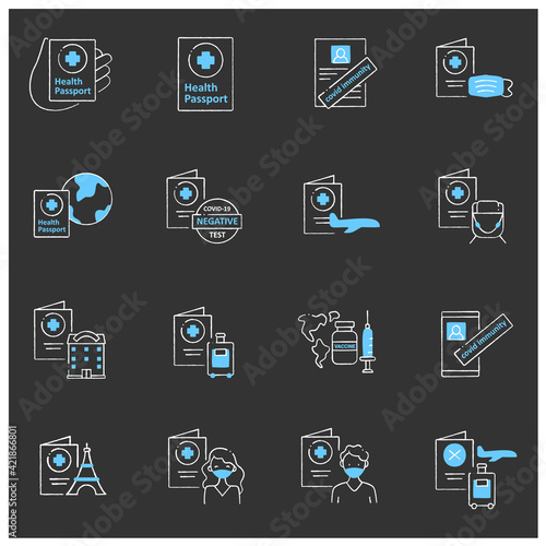 Health passport chalk icons set.Necessary document.Information about health status. Covid passport collections.Fight against.Vaccination card. Isolated vector illustration on chalkboard