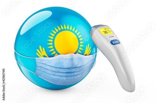 Kazakh flag with medical mask and infrared electronic thermometer. Pandemic in Kazakhstan concept, 3D rendering