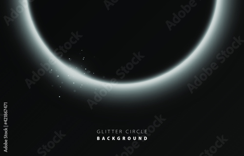 Glitter white neon circle ring frame & sparkle flash light star shimmer vector on black background, shiny glowing pure silver grey round line planet curve, futuristic web poster card print template
