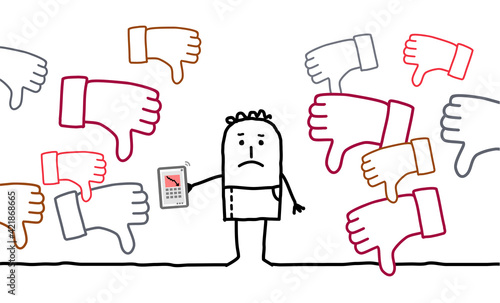 Cartoon Sad Boy with many Unlike-signs on his Social Media