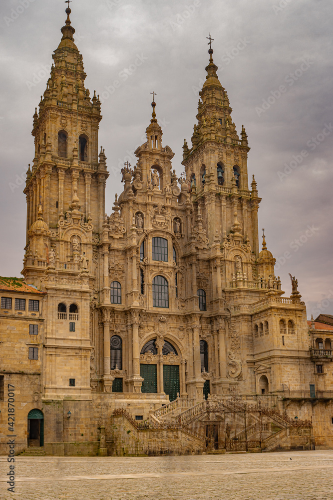 Santiago de Compostela Cathedral, Galicia, Spain. Obradeiro square in Santiago de Compostela The ending point of ancient pilgrim routes, Camino de Santiago or Way of St. James