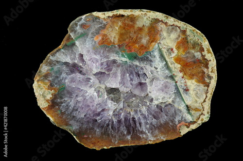 A cross-section of agate. Horizontal agate with multicoloured quartz. Origin: Rudno near Krakow, Poland.